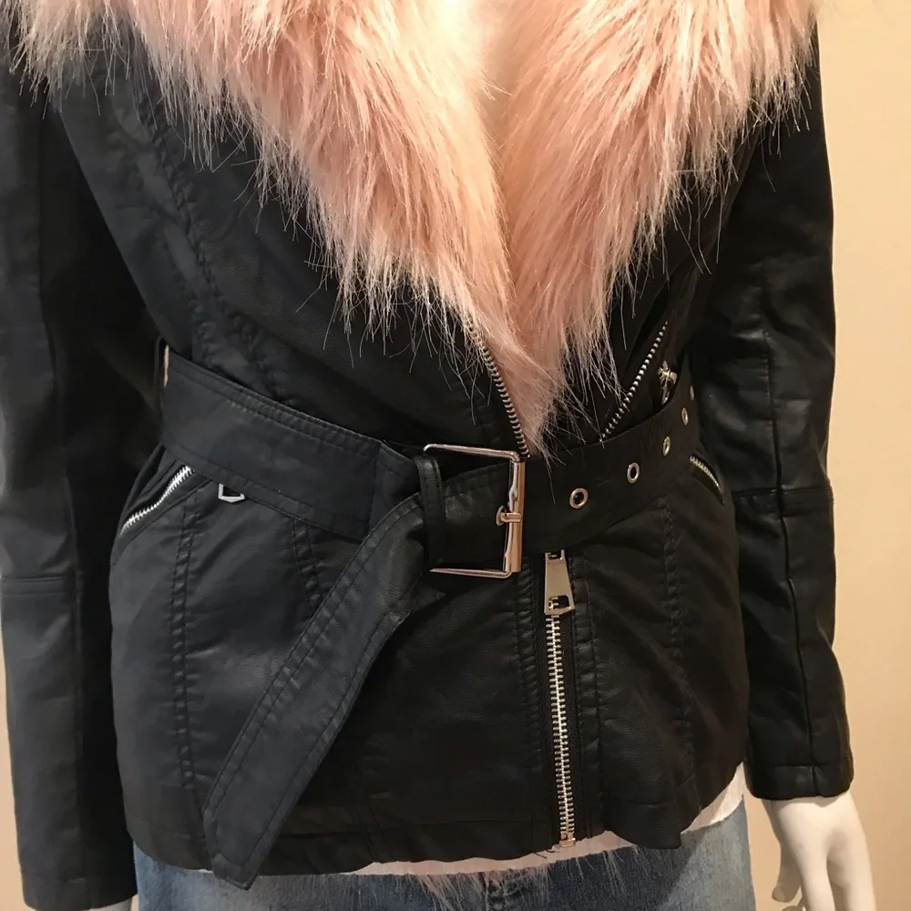 Black Faux Leather Jacket Pink Faux Fur Collar Womens Small US 4 Crop Moto Rebel - Picture 12 of 16